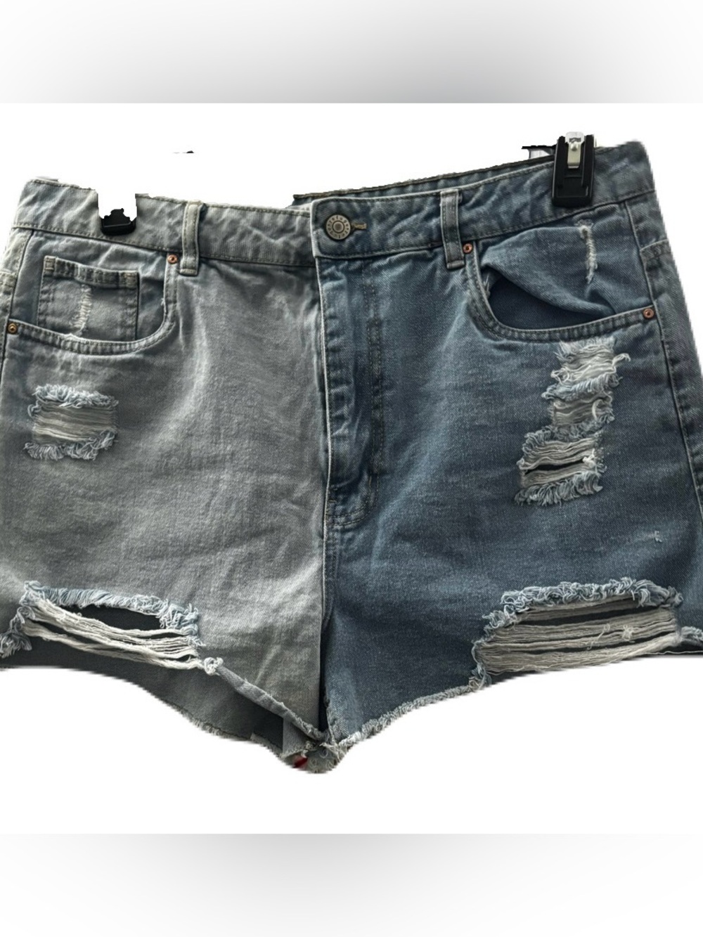 Mom Refuge Two-Tone Distressed Denim Shorts - Light/Medium Blue